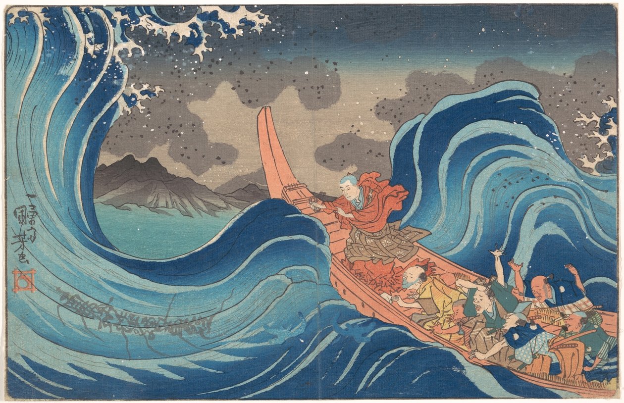 Breve biografia illustrata del monaco Nichiren: placare il mare in tempesta a Tsunoda durante l’esilio sull’isola di Sado da Utagawa Kuniyoshi