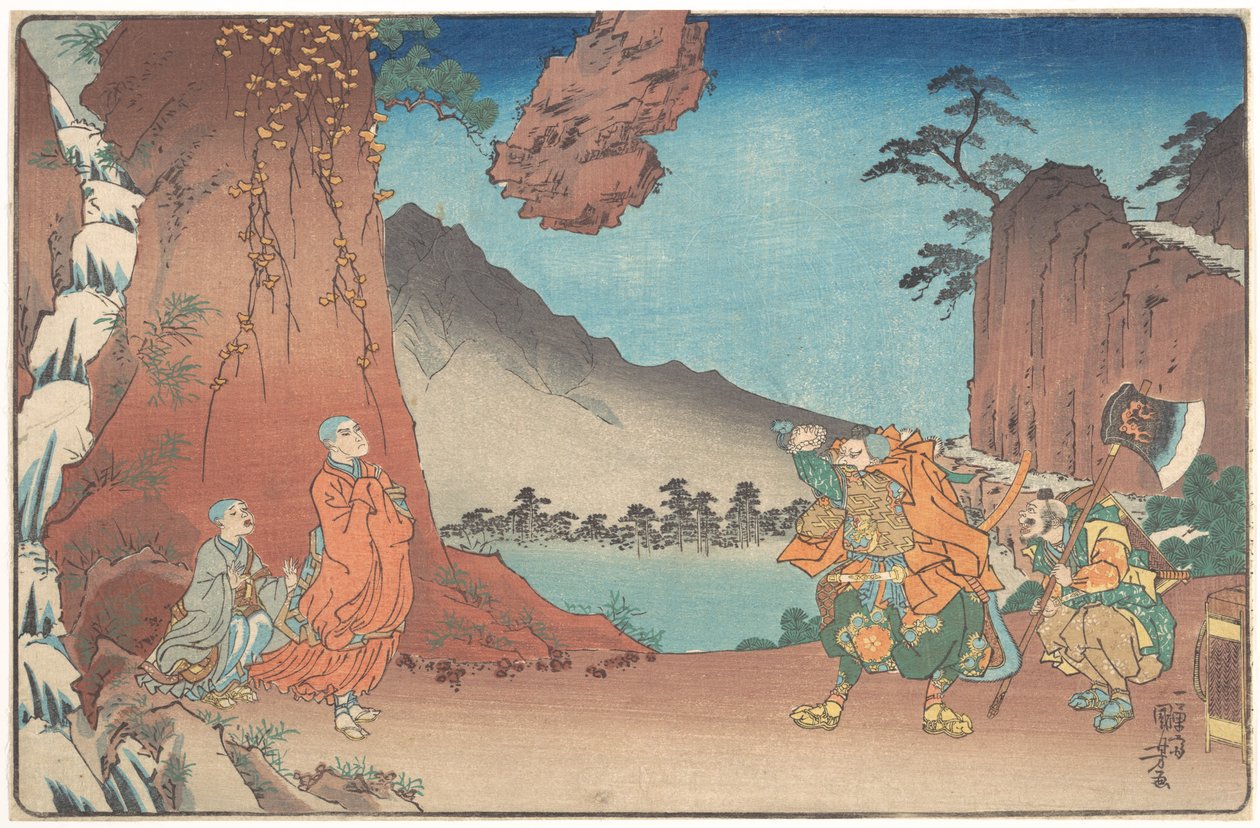Breve biografia illustrata del monaco Nichiren: La roccia sospesa dal potere della preghiera sul monte Komuro da Utagawa Kuniyoshi