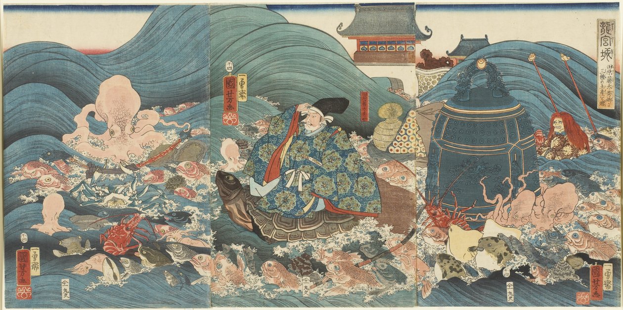 Il Dio Drago che ricompensa Hidesato con tre doni, aprile 1858 da Utagawa Kuniyoshi