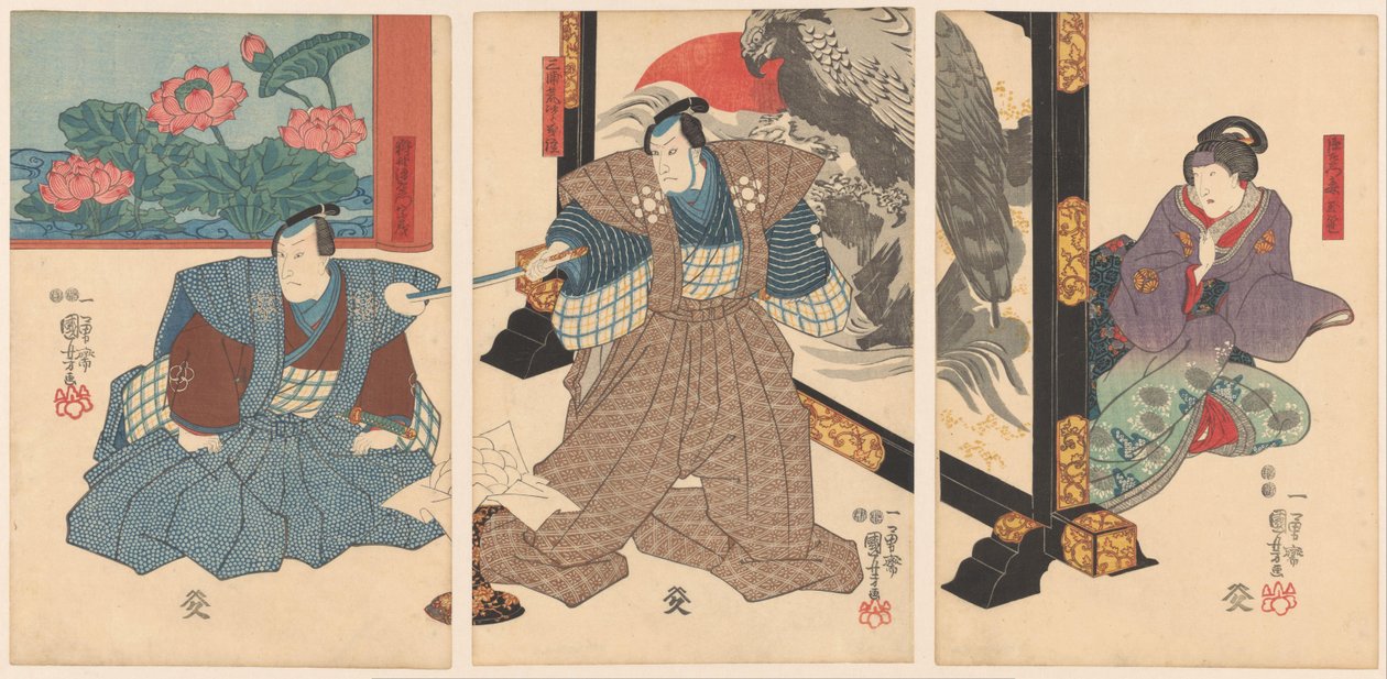 Tre attori vicino a un paravento da Utagawa Kuniyoshi