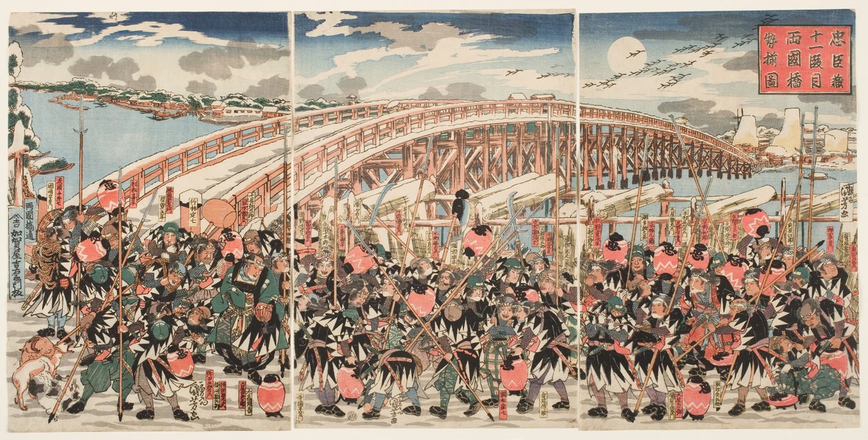 Undicesimo atto del "Chushingura": I leali ritenitori si riuniscono al ponte di Ryogoku da Utagawa Kuniyoshi