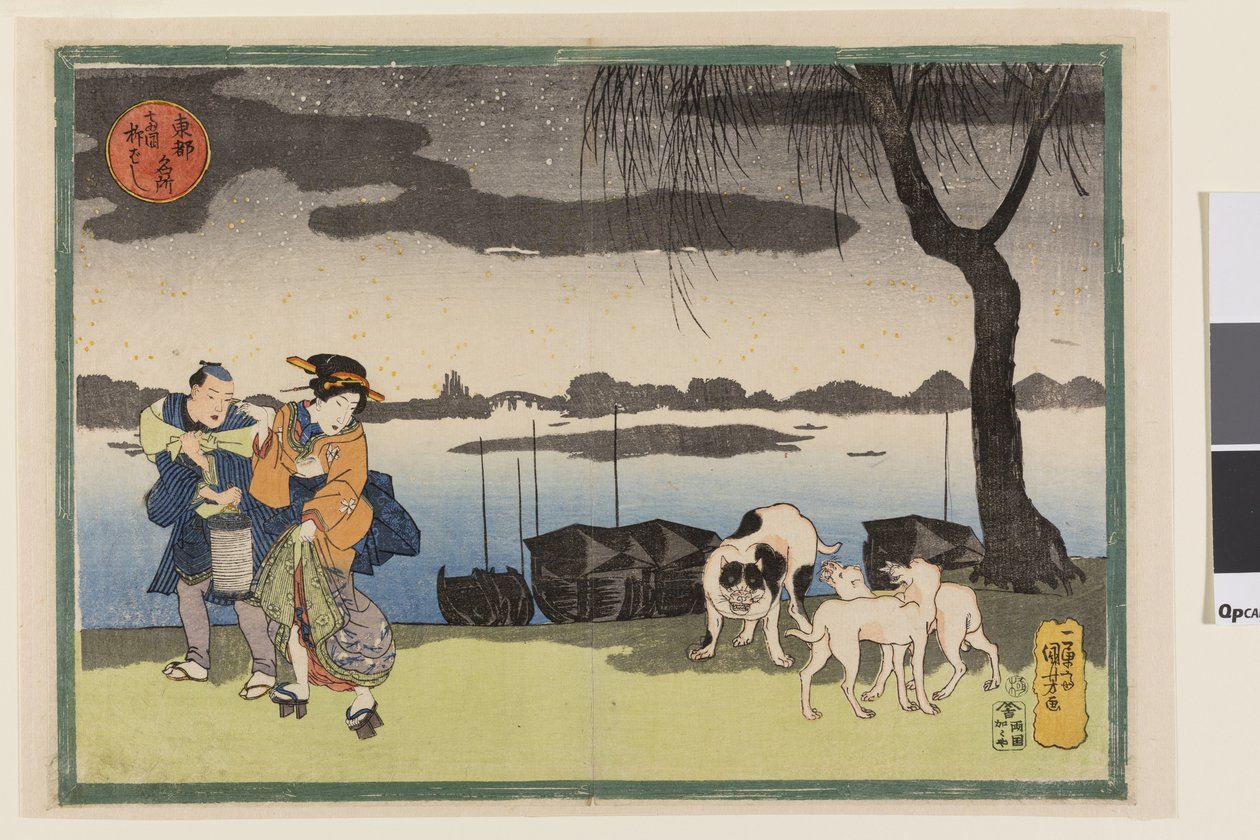 Geisha, Attendente e Tre Cani vicino al Ponte Yanagi a Ryogoku, dalla serie Vedute Famose della Capitale Orientale, c.1834 da Utagawa Kuniyoshi