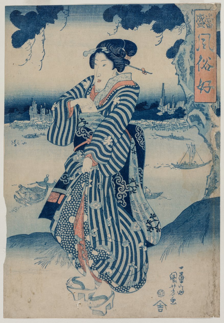 Geisha in piedi sulla riva del fiume Sumida (dalla serie Persone che amano le ultime mode e maniere) da Utagawa Kuniyoshi
