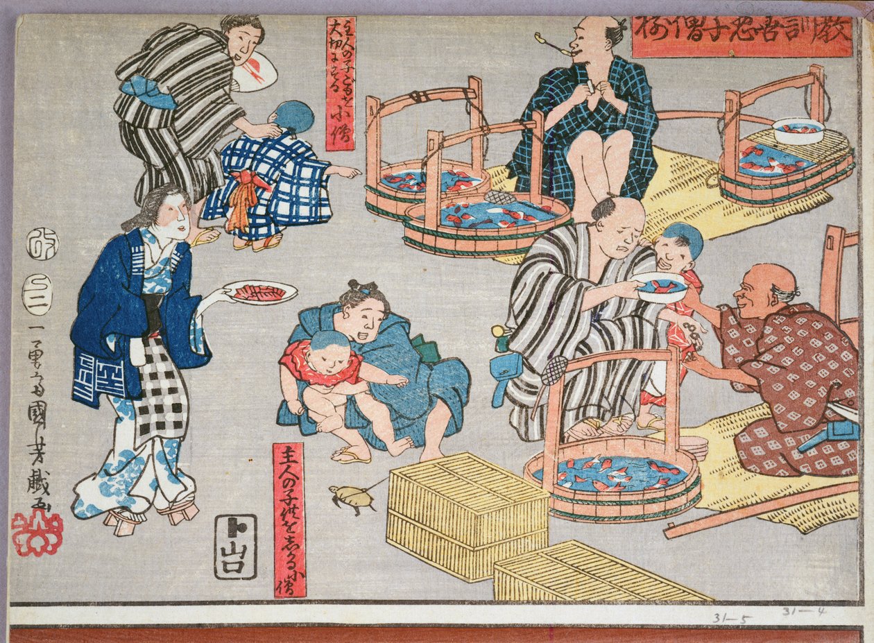 Insegnamento morale per i commessi, esempi di buon e cattivo comportamento, 1857 da Utagawa Kuniyoshi