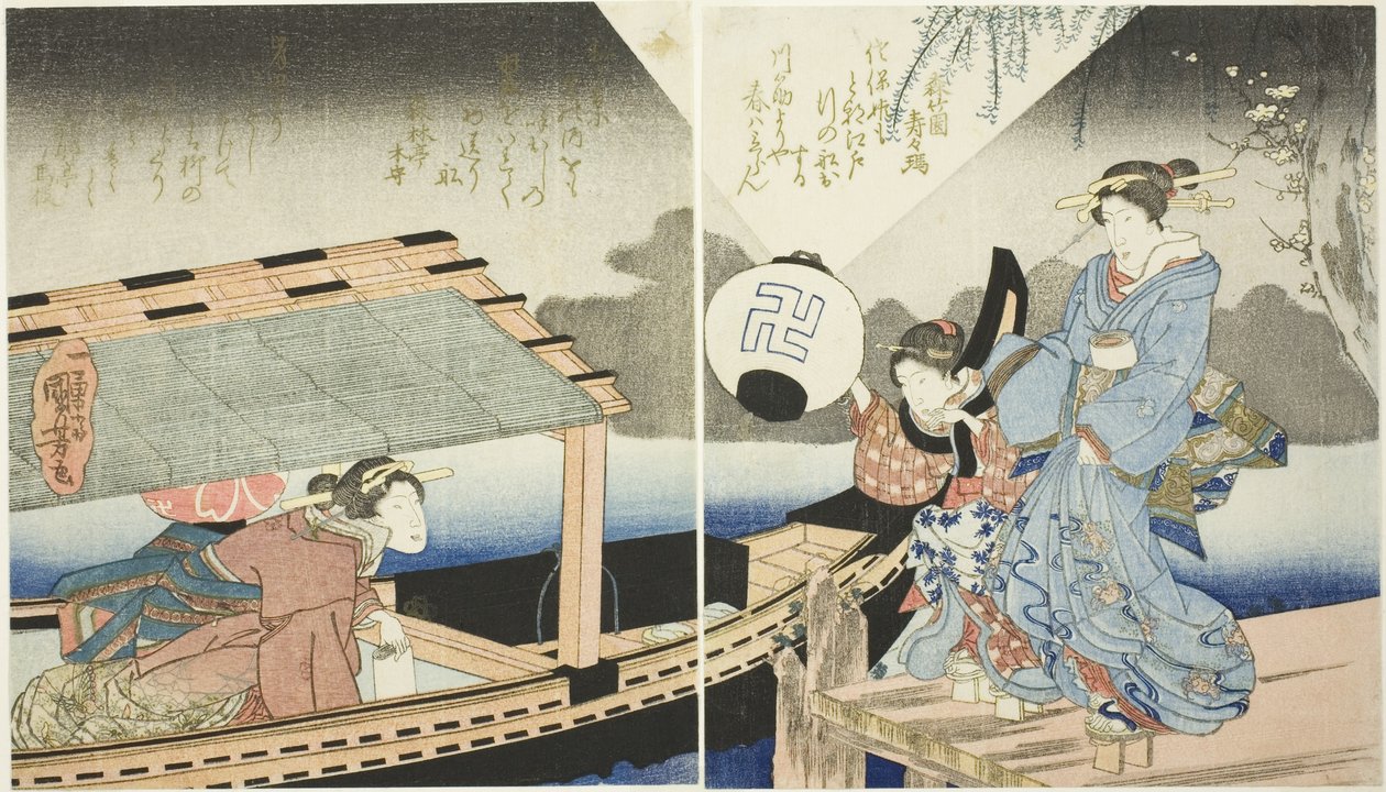 Scena notturna a bordo di una barca da diporto da Utagawa Kuniyoshi