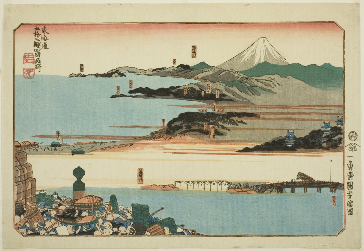 Nihonbashi, Shinagawa, Kawasaki e Kanagawa, dalla serie "Luoghi famosi sulle cinquantatré stazioni del Tokaido, quattro stazioni (Tokaido gojusan eki yonshuku meisho)" da Utagawa Kuniyoshi