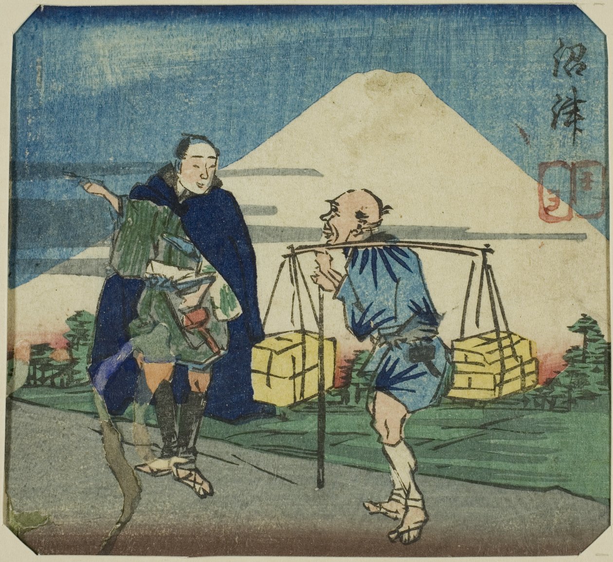 Numazu, sezione di un foglio dalla serie "Uno Specchio Harimaze di Spettacoli Joruri (Harimaze joruri kagami)" da Utagawa Kuniyoshi
