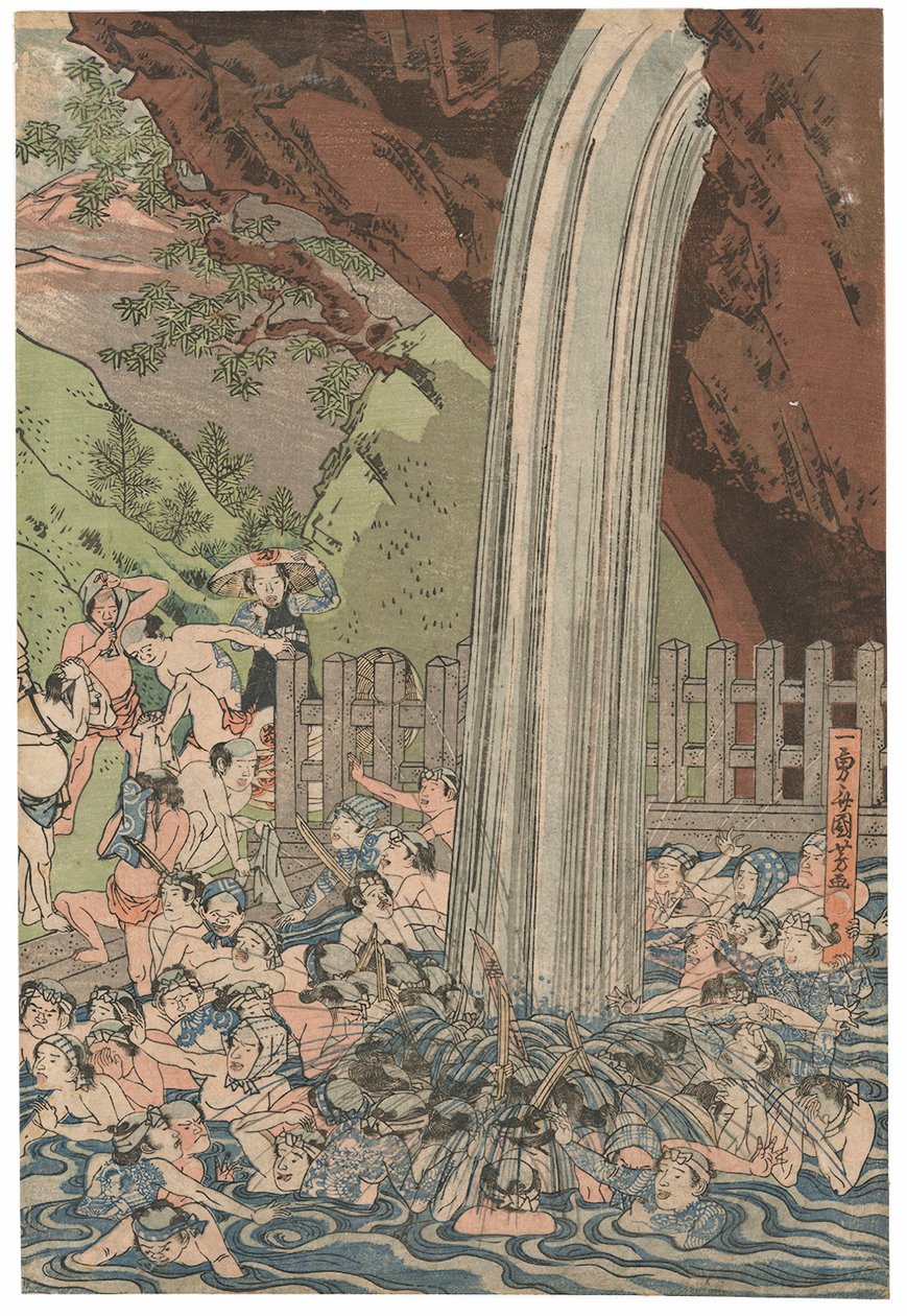 Pellegrini alla cascata di Roben a Oyama, firmato Ichiyusai Kuniyoshi, pubblicato da Azumaya Daisuke, sigillo kiwame, trittico Oban tate-e da Utagawa Kuniyoshi