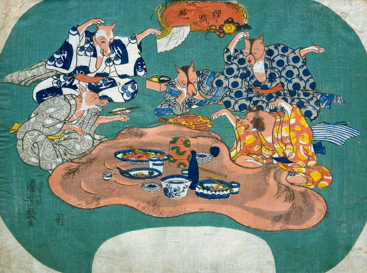 Procione e volpe che giocano, c.1842 da Utagawa Kuniyoshi