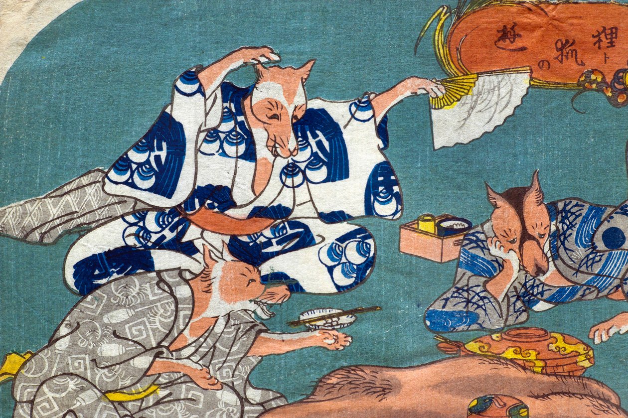 Cane procione e volpe che giocano, c.1842 da Utagawa Kuniyoshi