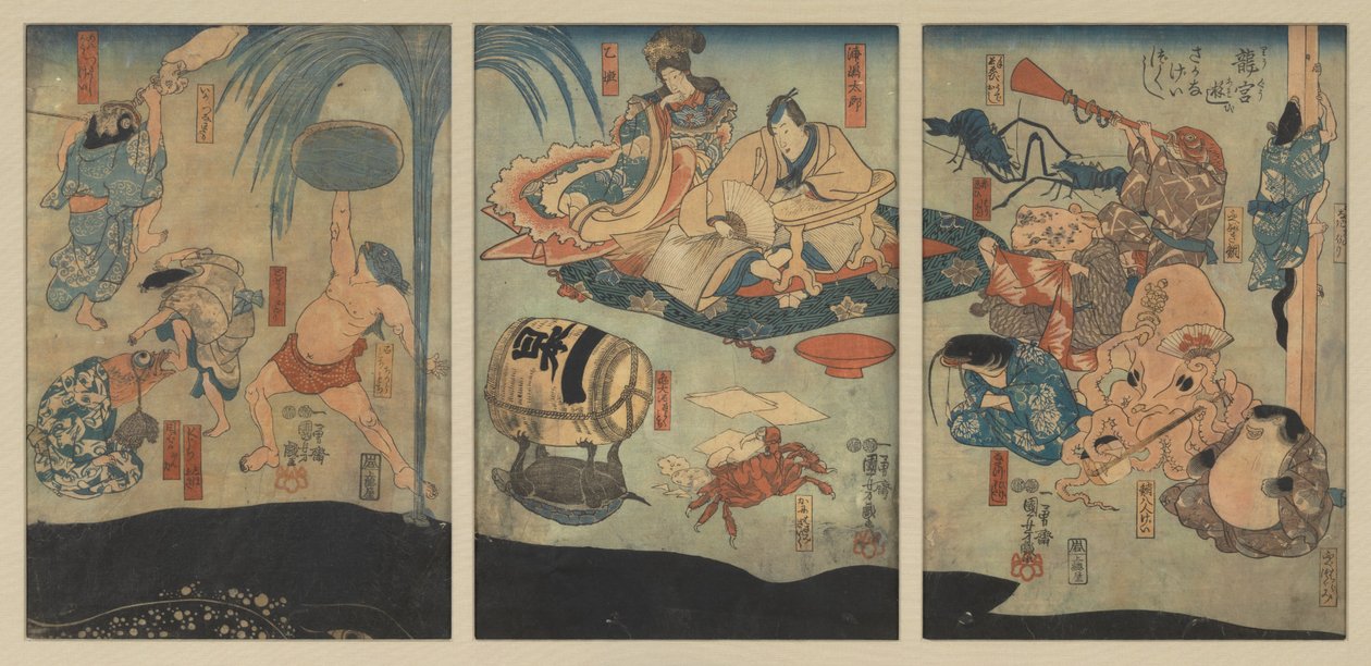 Creature marine intrattengono Urashima Tarō e Oto Hime nel Palazzo del Drago da Utagawa Kuniyoshi