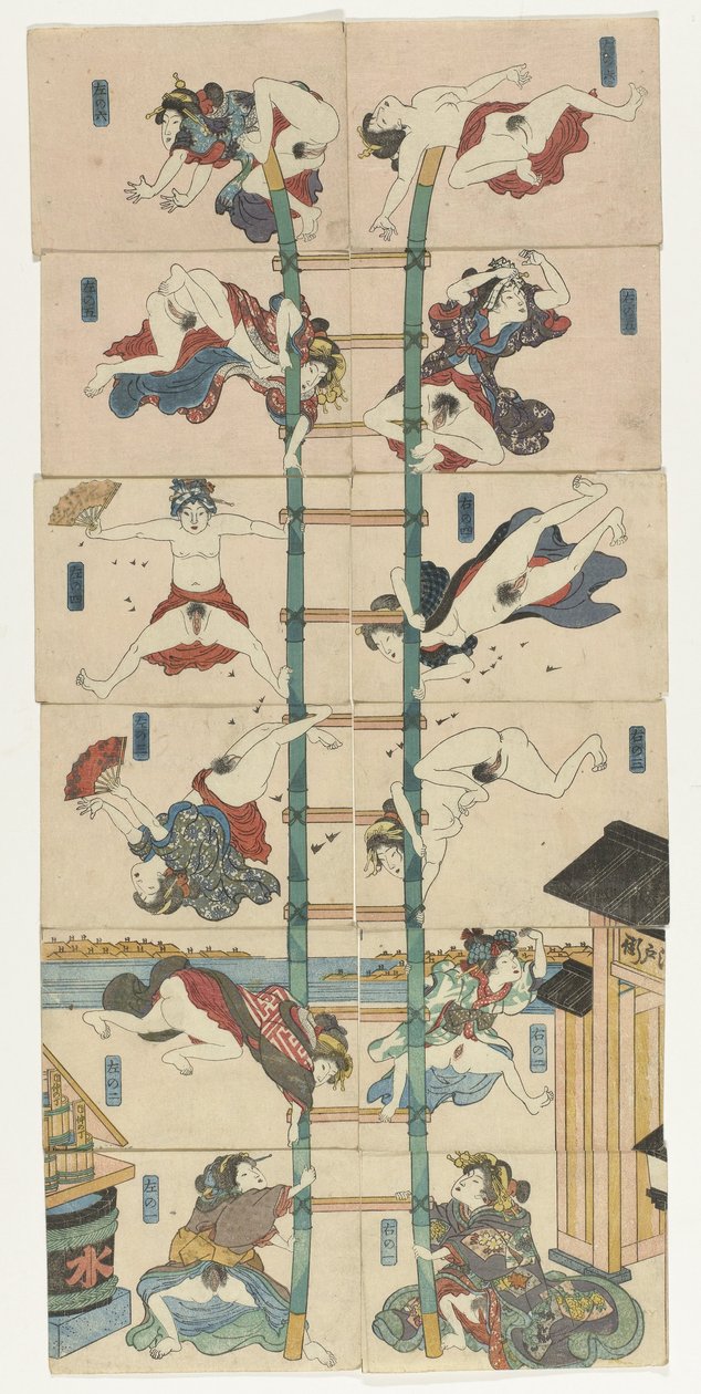 Serie di dodici koban Shunga con prostitute nel ruolo di pompieri acrobatici da Utagawa Kuniyoshi