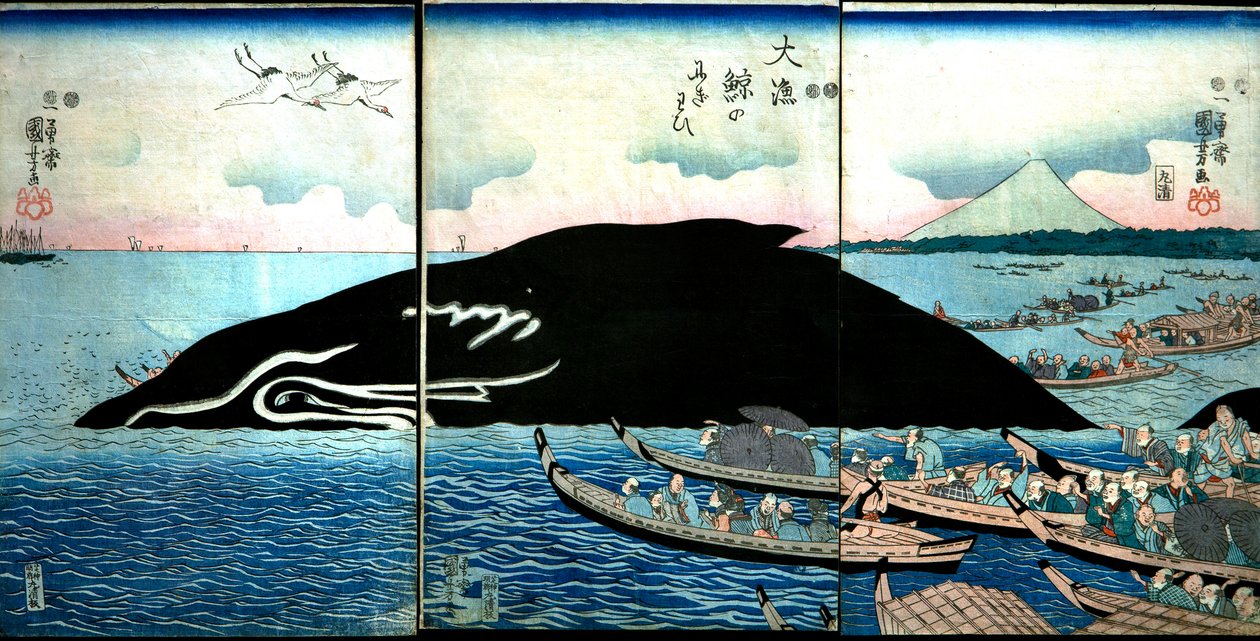 Folla di persone intorno a una balena catturata da Utagawa Kuniyoshi