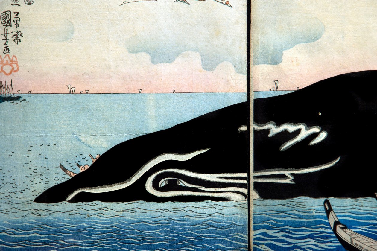 Folla di persone intorno a una balena catturata da Utagawa Kuniyoshi