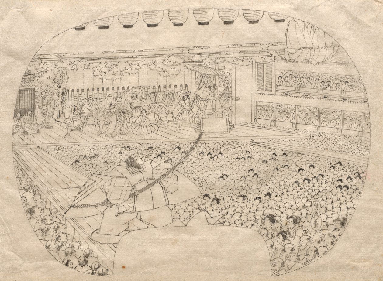 Disegno per stampa a forma di ventaglio del teatro Kabuki da Utagawa Sadahide