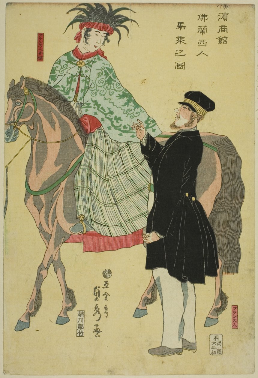 Mercanti di Yokohama: Donna francese a cavallo da Utagawa Sadahide