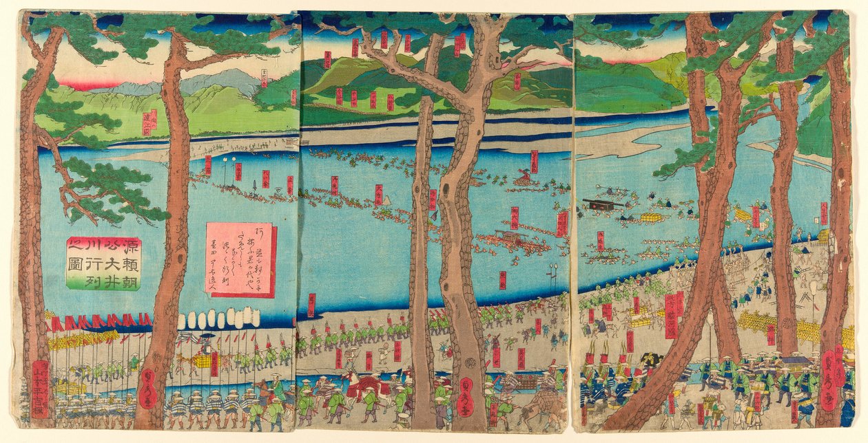 Processione di Minamoto no Yoritomo attraverso il fiume Oi (Minamoto Yoritomo ko Oikawa gyoretsu zu) da Utagawa Sadahide