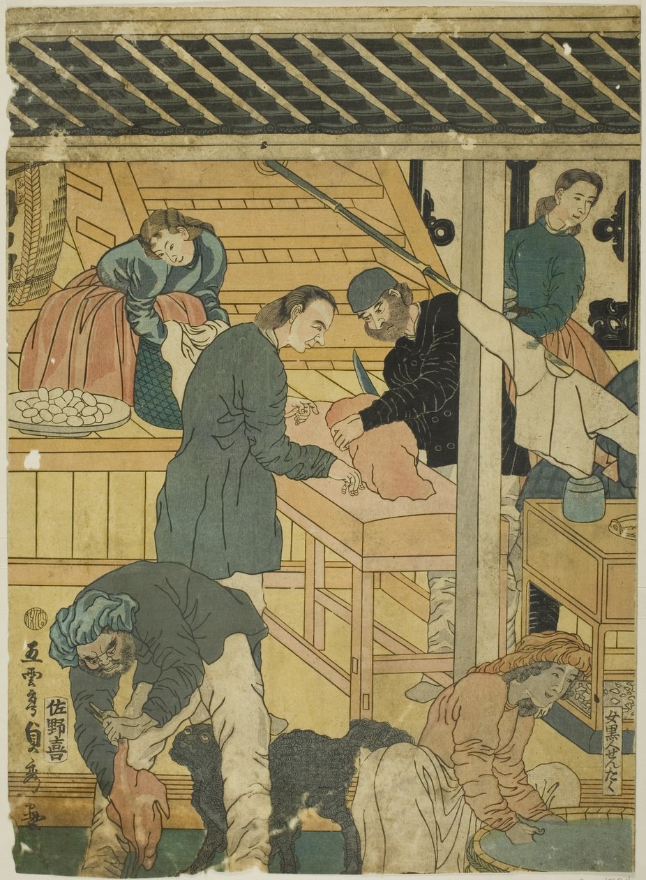 Sala vendite in un negozio di mercanti stranieri a Yokohama (Yokohama ijin shokan uriba no zu) da Utagawa Sadahide