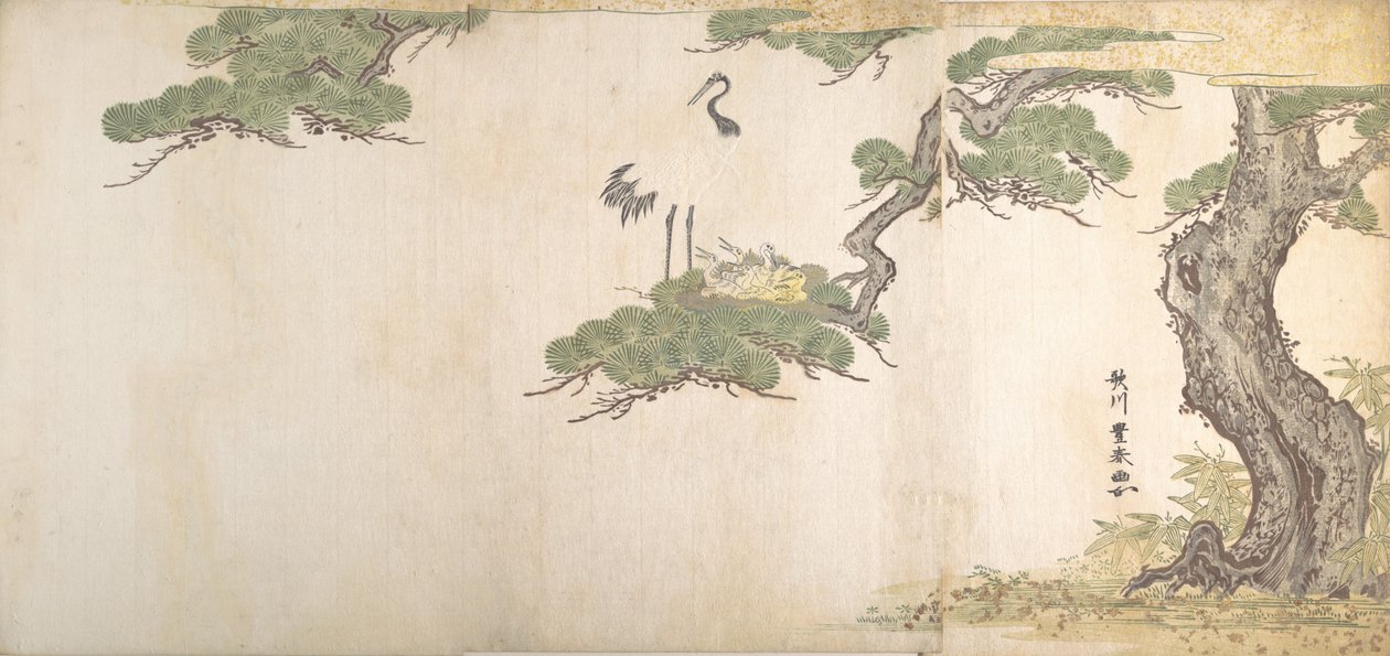Gru e i loro piccoli nel nido tra i rami di un pino da Utagawa Toyoharu