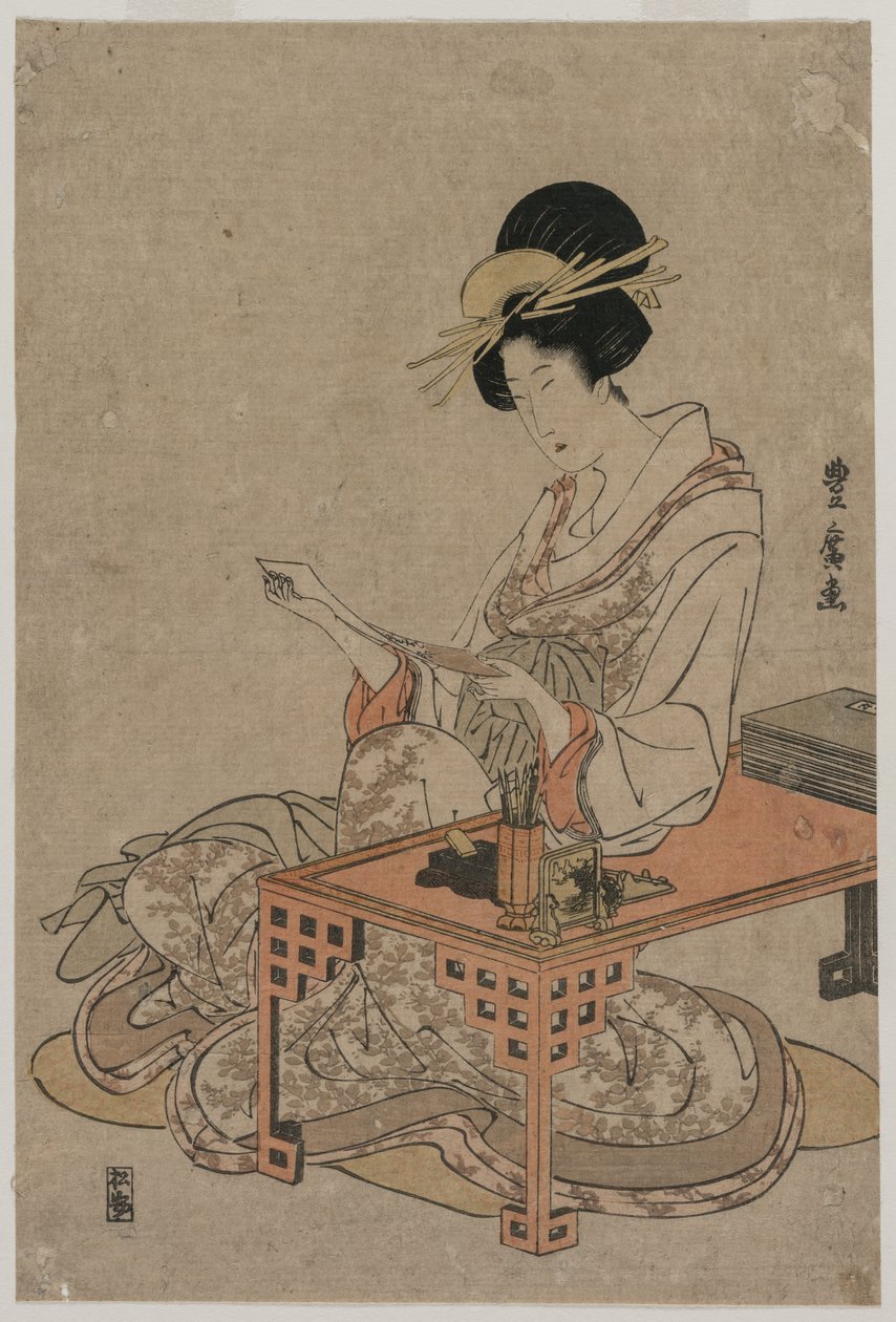 Cortigiana seduta a un tavolo da scrittura da Utagawa Toyohiro