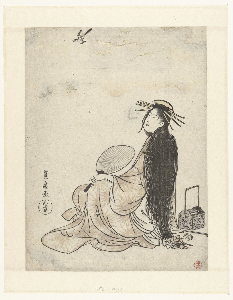 Cortigiana con ventaglio e attrezzi per fumare guardando il cuculo da Utagawa Toyohiro