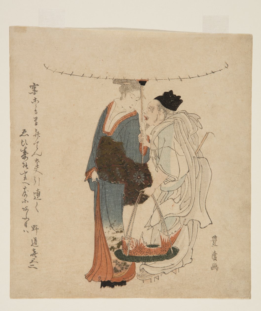 Il dio Ebisu che cammina con una giovane donna nella neve da Utagawa Toyohiro