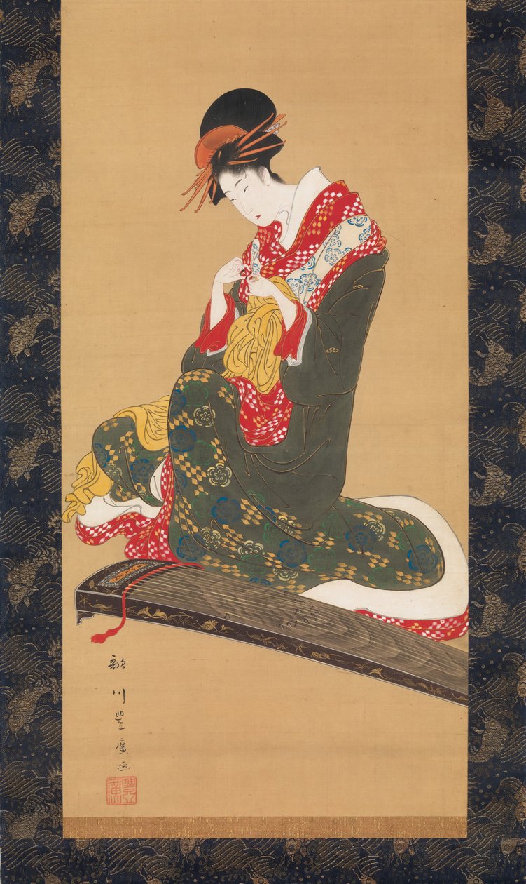 Donna che indossa plettri per suonare il koto, inizio XIX secolo da Utagawa Toyohiro