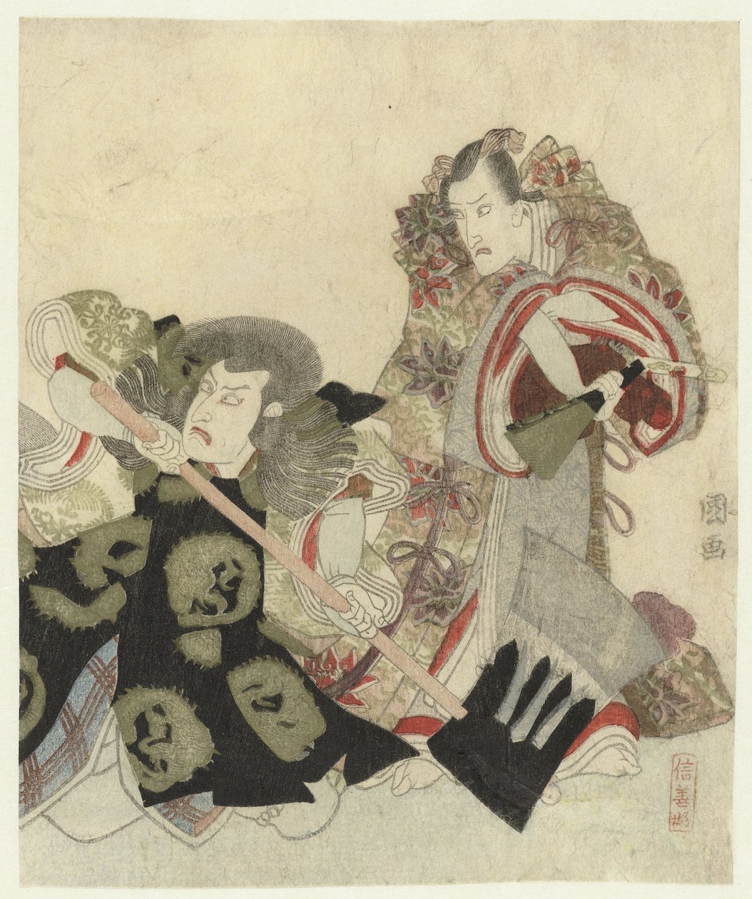 Ichikawa Danjūrō VII come Yoshimune no Munesada con ventaglio e Ichikawa Omezō nel ruolo di Sekibei con ascia da Utagawa Toyokuni (I)
