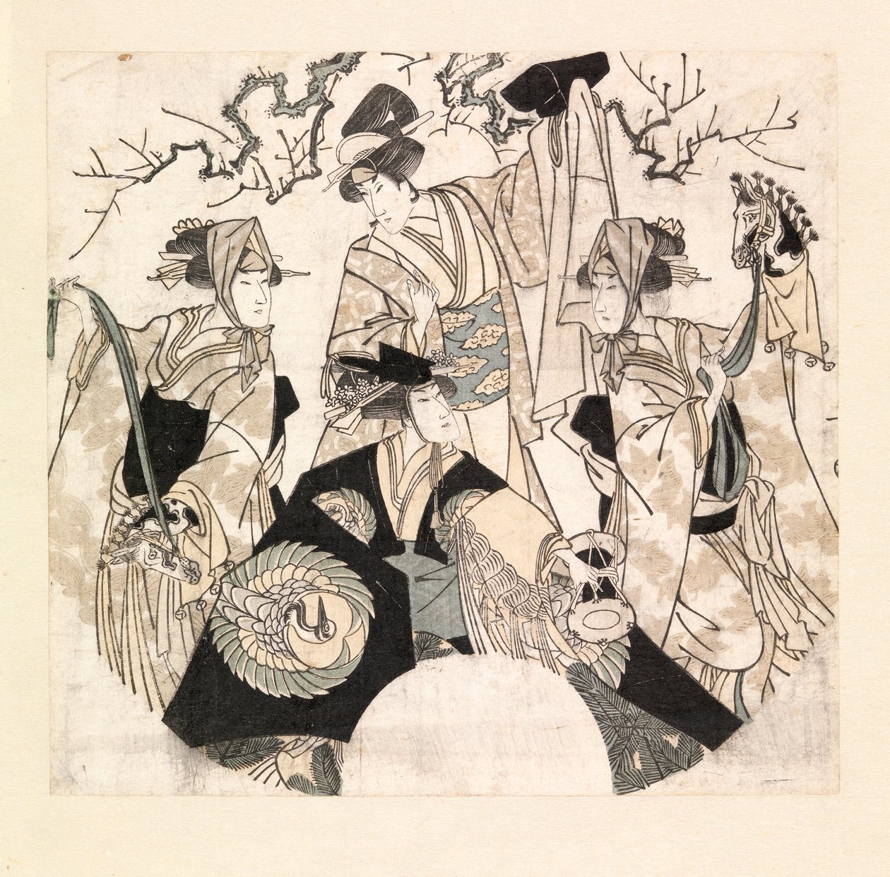 Schauspieler, die den Bühnentanz der vier Onnagatas aufführen, ca. 1800-05 (Farbholzschnitt) von Utagawa Toyokuni