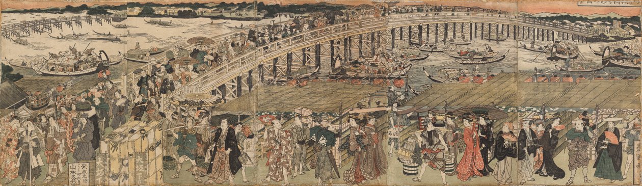 Rinfrescarsi al Ponte Ryogoku a Edo, un Pentaptych (Edo Ryogoku suzumi no zu, gomai tsuzuki) da Utagawa Toyokuni