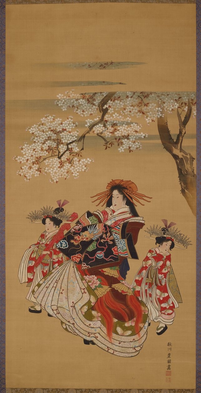 Cortigiana con due Kamuro sotto i ciliegi in fiore da Utagawa Toyokuni