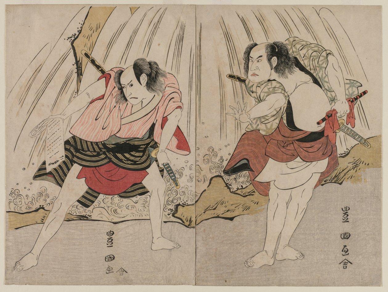 Kataoka Nizaemon VII e Ichikawa Yaozo III in un confronto accanto a una cascata da Utagawa Toyokuni