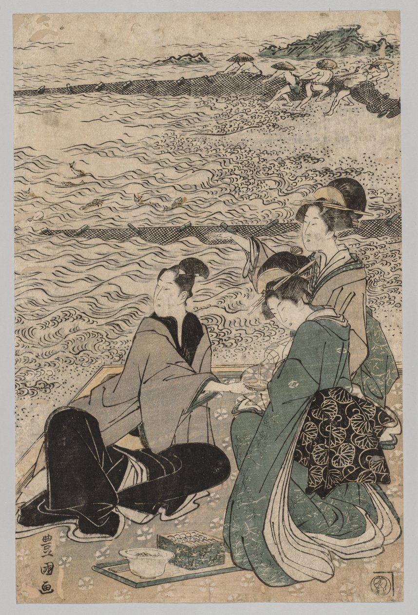 Uomo e due donne sulla riva del mare da Utagawa Toyokuni