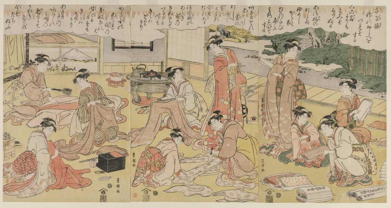 Donne che fanno vestiti da Utagawa Toyokuni