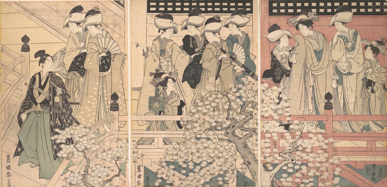 Bellezze su una veranda tra i fiori di ciliegio da cui parte un samurai, ca. 1800 da Utagawa Toyokuni I