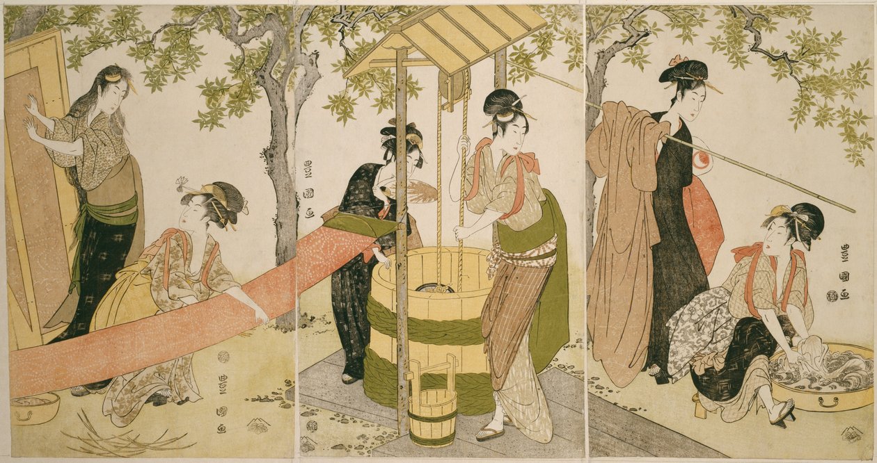 Fare il bucato al bordo del pozzo (Idobata no sentaku to araihari) da Utagawa Toyokuni I