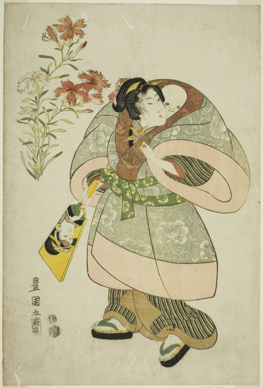 Garofani: infermiera e bambino, da una serie senza titolo di bellezze e fiori da Utagawa Toyokuni I