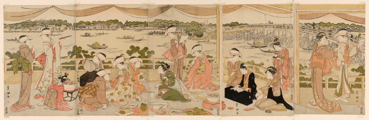 Recital su una veranda con vista sul fiume Sumida da Utagawa Toyokuni I
