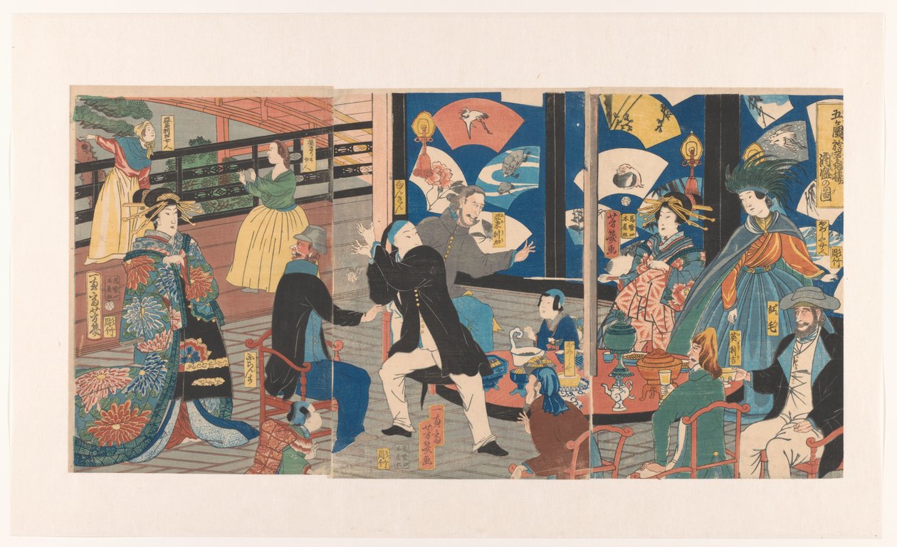 Stranieri durante un banchetto al Gankiro teahouse da Utagawa Yoshiiku