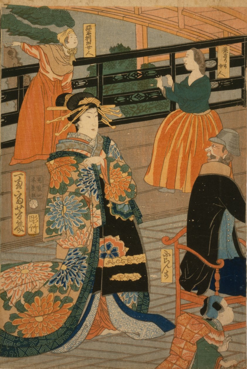 Visitatori di diverse nazioni che si godono una festa nella stanza del ventilatore del Gankir?, 1860 da Utagawa Yoshiiku
