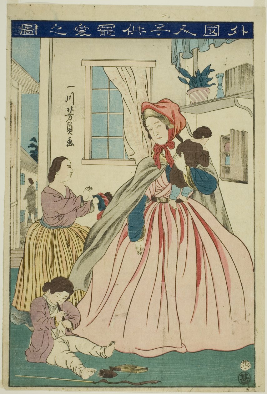Straniera che si prende cura dei suoi figli da Utagawa Yoshikazu