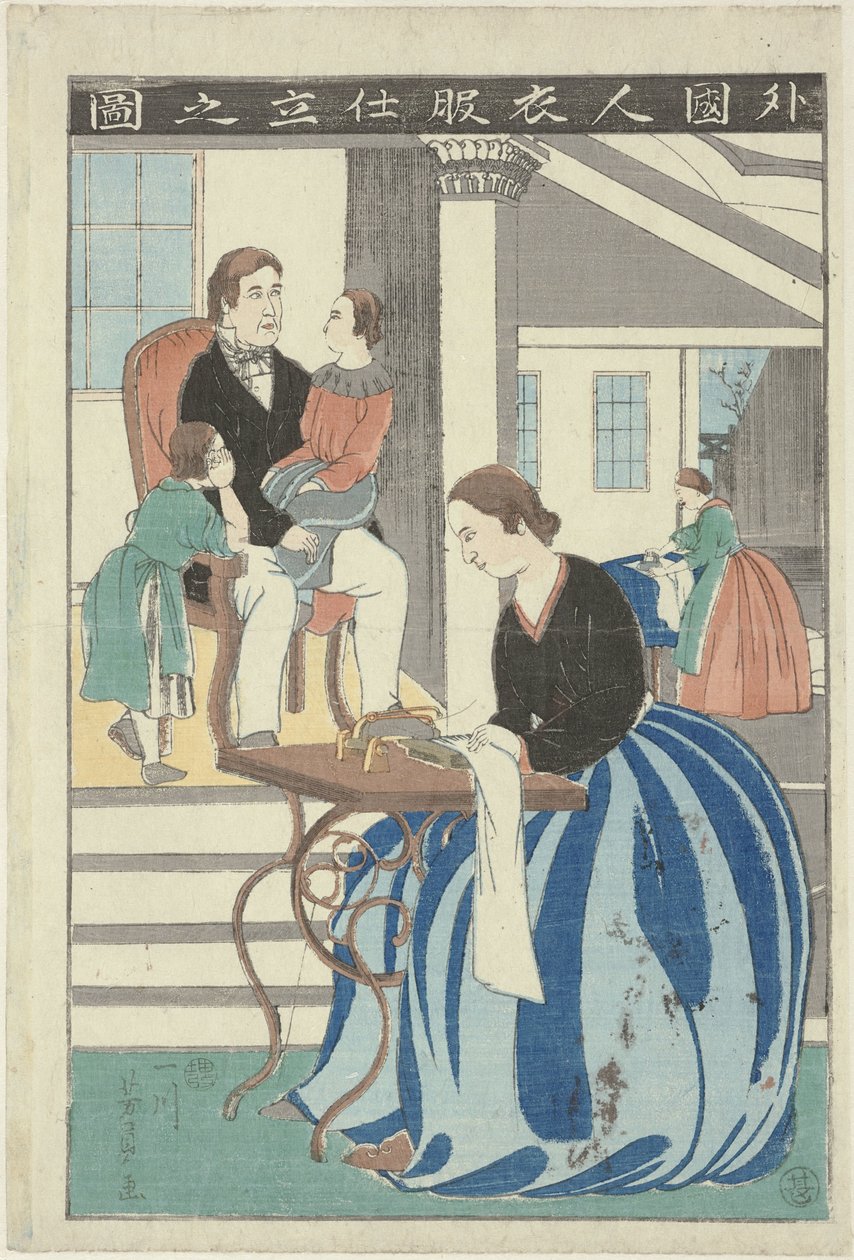 Donna occidentale dietro una macchina da cucire da Utagawa Yoshikazu