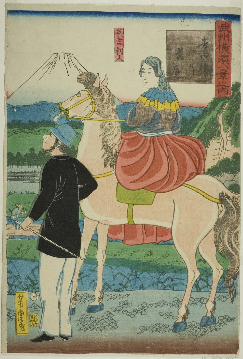 Inglesi che osservano le oche discendenti al ponte di Yoshida (Yoshida-bashi no rakugan, Igirisujin), dalla serie "Otto vedute di Yokohama nella provincia di Musashino (Bushu Yokohama hakkei no uchi)" da Utagawa Yoshitora