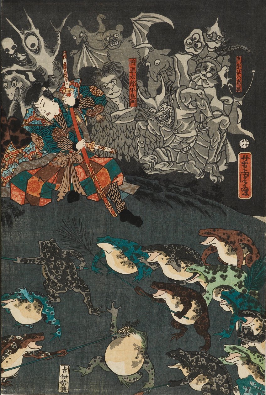 Nikushi lo spirito della rana evoca una battaglia magica di rane a Tateyama nella provincia di Etchu, 1864 da Utagawa Yoshitora