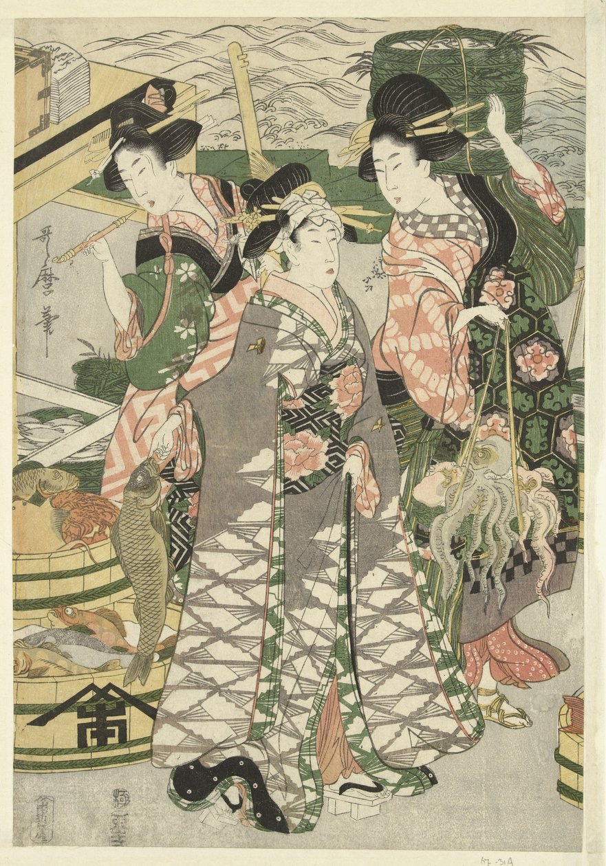 Veduta del mercato del pesce sulla spiaggia di Shiba da Utamaro (II) , Kitagawa