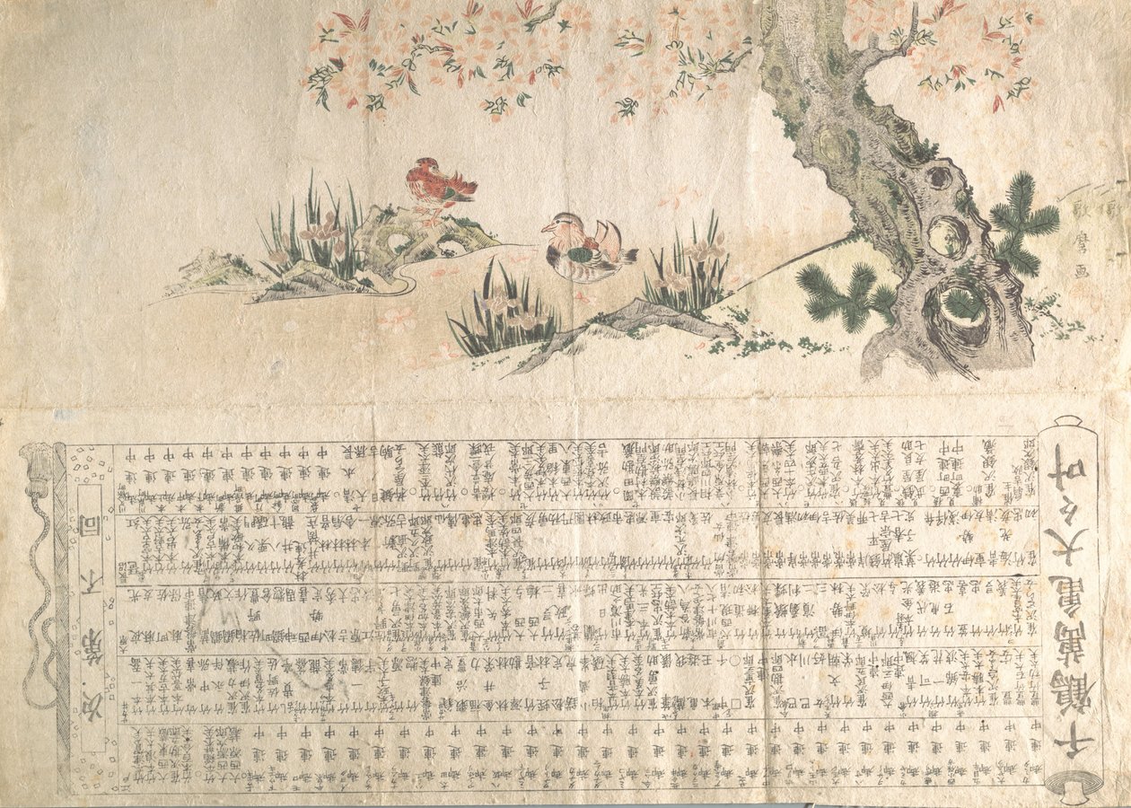 Anatre mandarine in un paesaggio primaverile: Programma per una performance di Jururui, ca. 1807 da Utamaro II