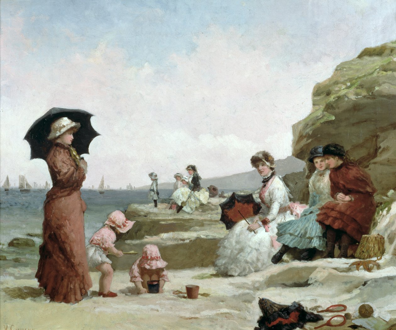 Paesaggio marino, figure sulla spiaggia, c.1870 da V. Chavigny