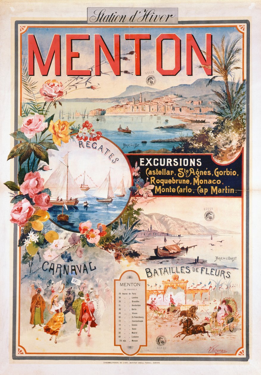 Poster pubblicitario di Mentone come località invernale da V. Nozeran