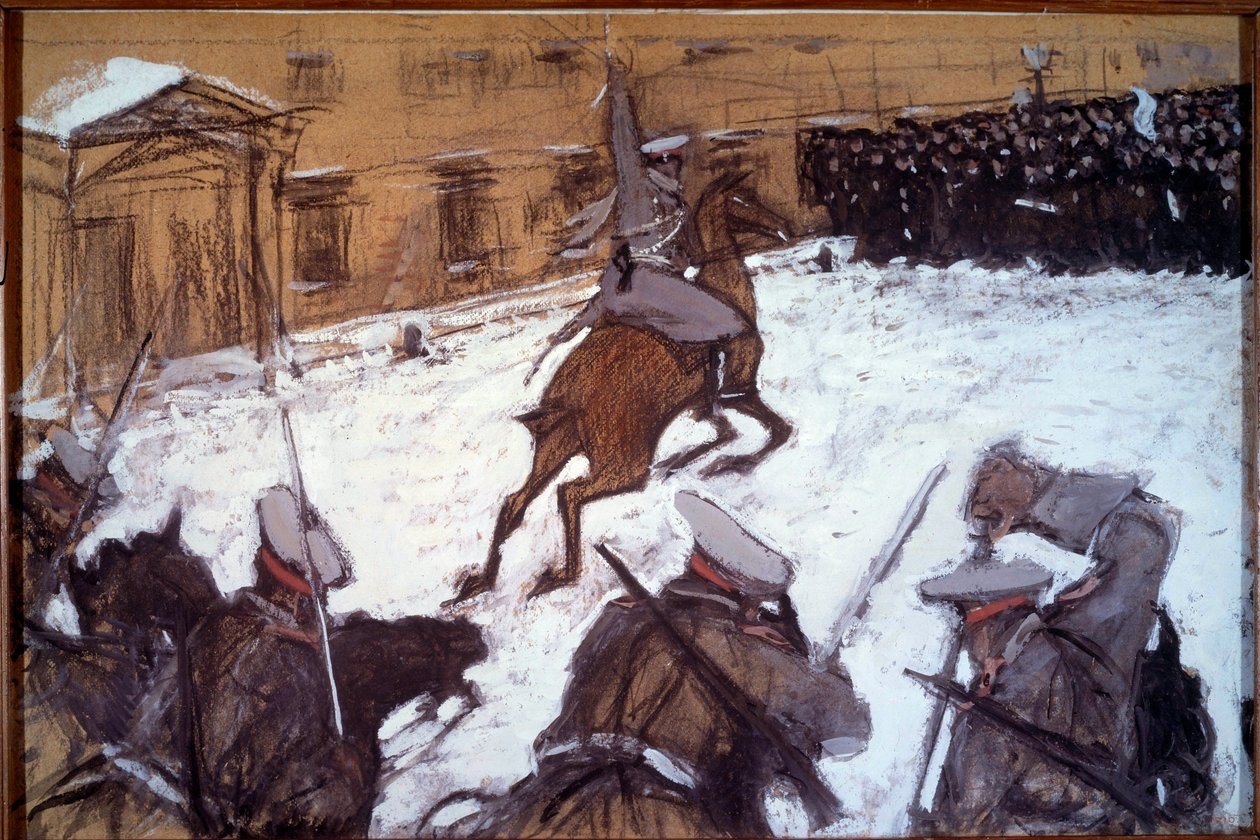 Domenica di sangue a San Pietroburgo: repressione militare durante le manifestazioni del 1905 a San Pietroburgo. La cavalleria dello zar Nicola II carica contro i manifestanti che protestavano pacificamente davanti al Palazzo d