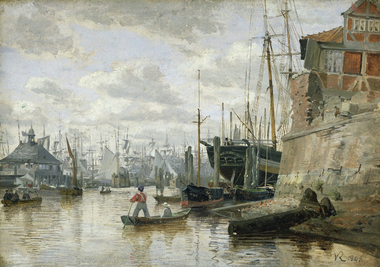 La capanna di tronchi al porto di Amburgo, 1848 da Valentin Ruths
